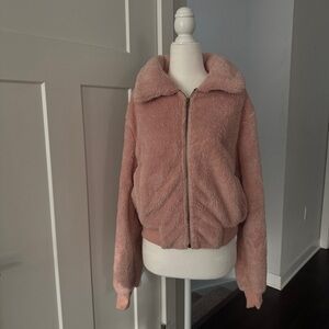Pink fuzzy teddy zip-up jacket